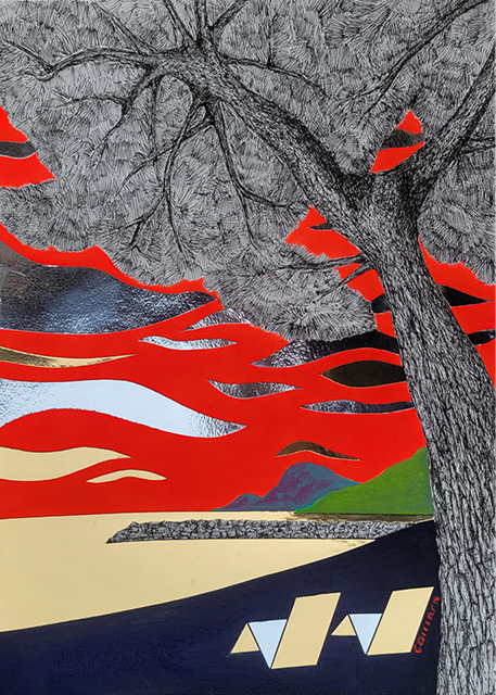 Les Pins N°10 Les sièges en or Acrylique et encre de chine et collage sur papier 48x32 cm Les Pins N°10 Les sièges en or Acrylique et encre de chine et collage sur papier 48x32 cm