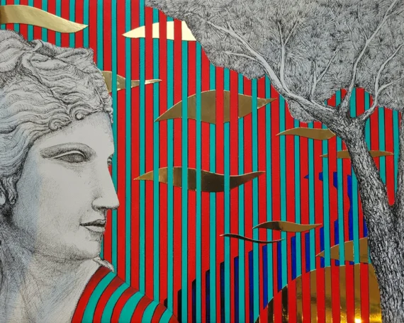 Les Pins N°11,  Dialogue avec Aphrodite - 2026 Technique mixte: Acrylique, encre de Chine et collage sur toile 41 x 33 cm