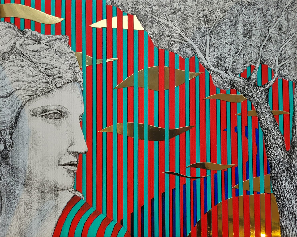 Les Pins N°11, Dialogue avec Aphrodite - 2026 Technique mixte: Acrylique, encre de chine et collage sur toile 41 x 33 cm Les Pins N°11, Dialogue avec Aphrodite - 2026 Technique mixte: Acrylique, encre de chine et collage sur toile 41 x 33 cm