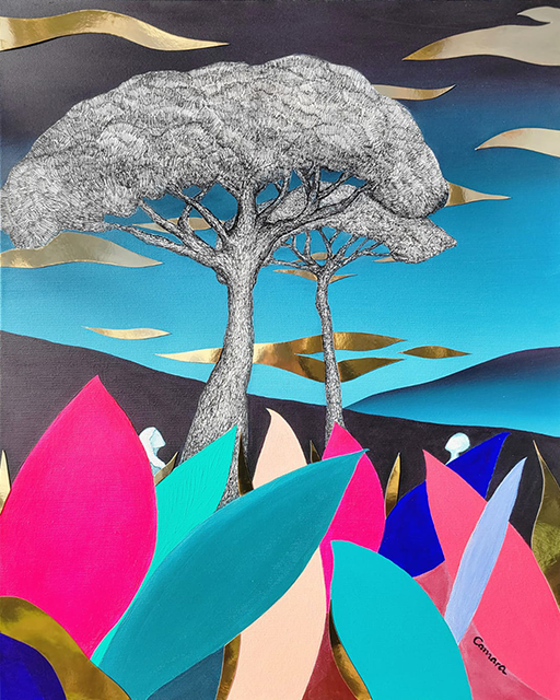 paysage avec des pins, des feuilles qui cachent deux êtres en contemplation d'un pin parasol