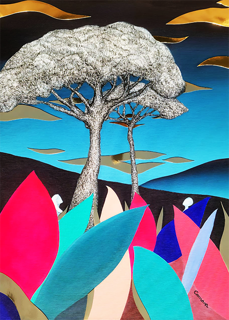 Les Pins N°9 - Le Nouvel Eden - 2026 - Acrylique - encre de chine et collage - 80 x 60 cm Les Pins N°9 - Le Nouvel Eden - 2026 - Acrylique - encre de chine et collage - 80 x 60 cm