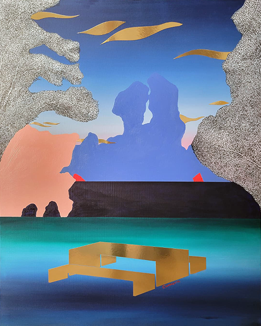 Au bord de l'eau, La Saone - Trévoux 2026 - Acrylique, encre de chine et collage sur toile - 100 x 80 cm Au bord de l'eau, La Saone - Trévoux 2026 - Acrylique, encre de chine et collage sur toile - 100 x 80 cm