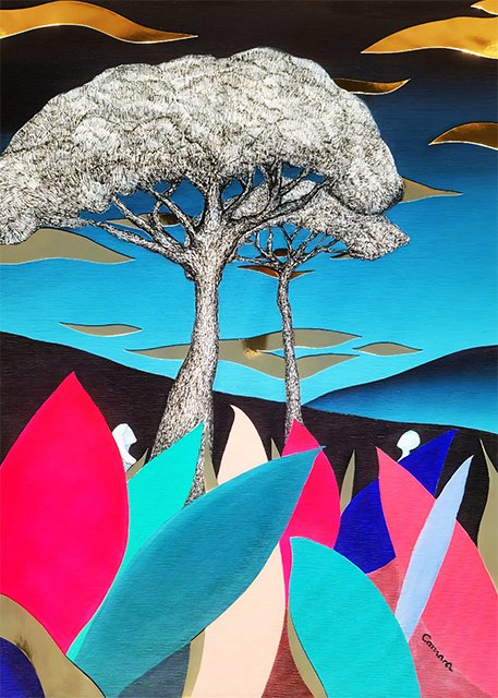 Les Pins N°9 - Le Nouvel Eden - 2026 - Acrylique - encre de Chine et collage - 80 x 60 cm
