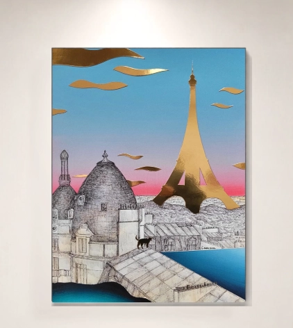 Sur les toits de Paris - 2026 - Acrylique, encre de Chine et collage sur toile - 60 x 40cm